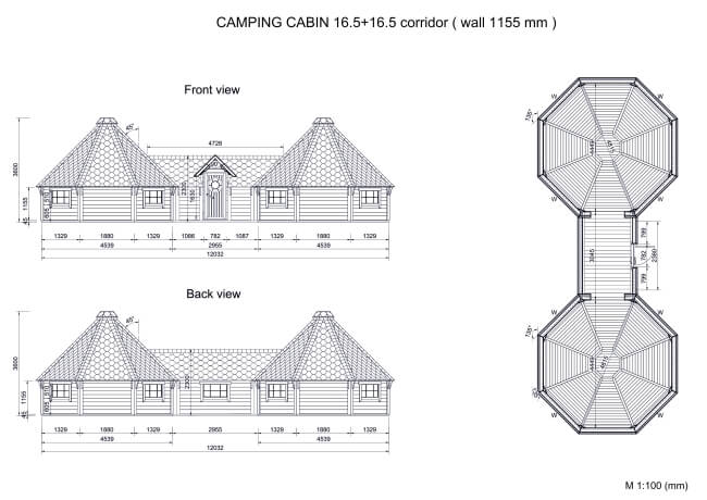 Technical drawing of Viking Industrier Double Camping Cabin 16.5m showing front, back, and top views with labeled dimensions, on a white background.