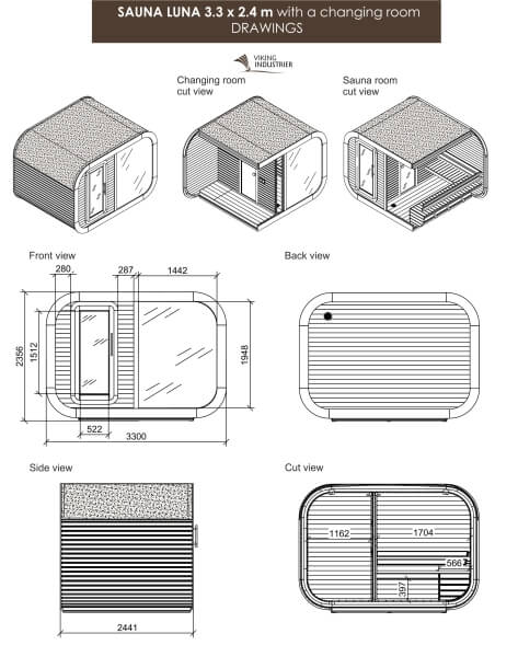 Technical drawings of Viking Industrier Luna Outdoor Sauna 3.3 x 2.4m with changing room on a white background.