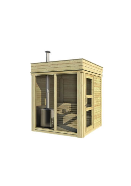 3D render of Viking Industrier Sauna Cube 2 x 2m in natural wood finish with chimney and full glass front, on a white background.