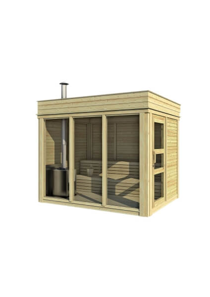 Front view of the Viking Industrier Sauna Cube 2 x 3m with large glass panels and light wood finish, on a white background.