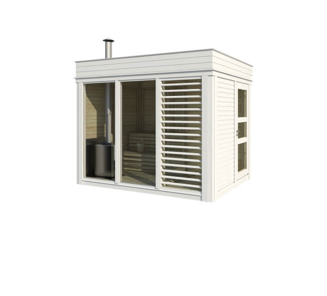 Front view of the Viking Industrier Sauna Cube 2 x 3m in white finish with decorative louvered screen on the right side, on a white background.