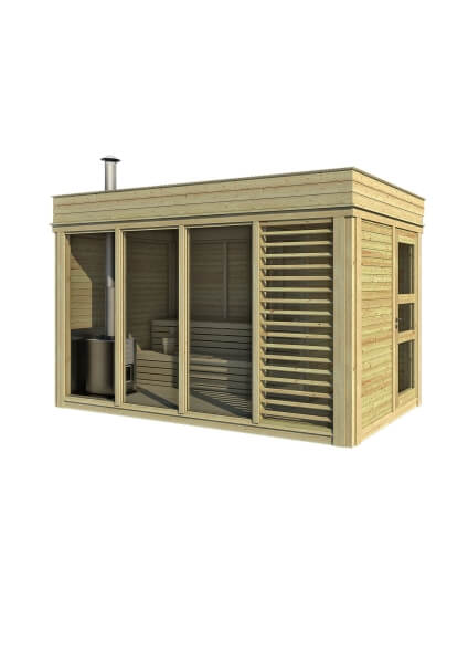 Viking Industrier Sauna Cube with changing room 2 x 4m in natural wood finish, featuring full-length glass panels and wooden privacy slats, on a white background.