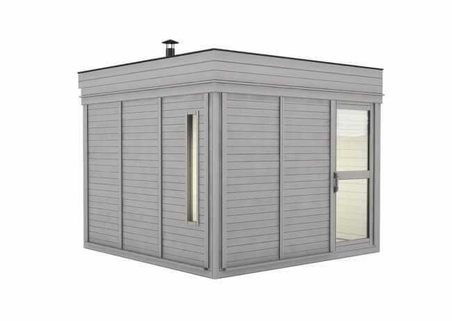 Angled exterior view of Viking Industrier Sauna Cube with Changing Room 3 x 3m, showing gray panel walls and a side window, on a white background.