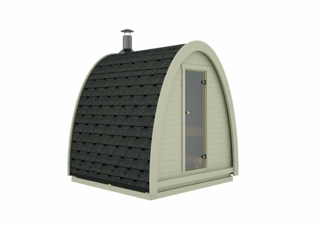 Viking Industrier Sauna Pod 2.4 x 2.3m with black shingle roof and frosted glass door, on a white background.