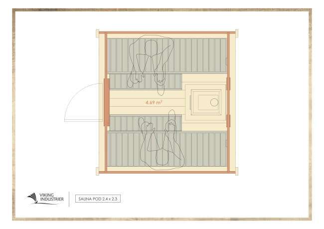 Top view floor plan of Viking Industrier Sauna Pod 2.4 x 2.3m showing bench layout and heater placement, on a white background.
