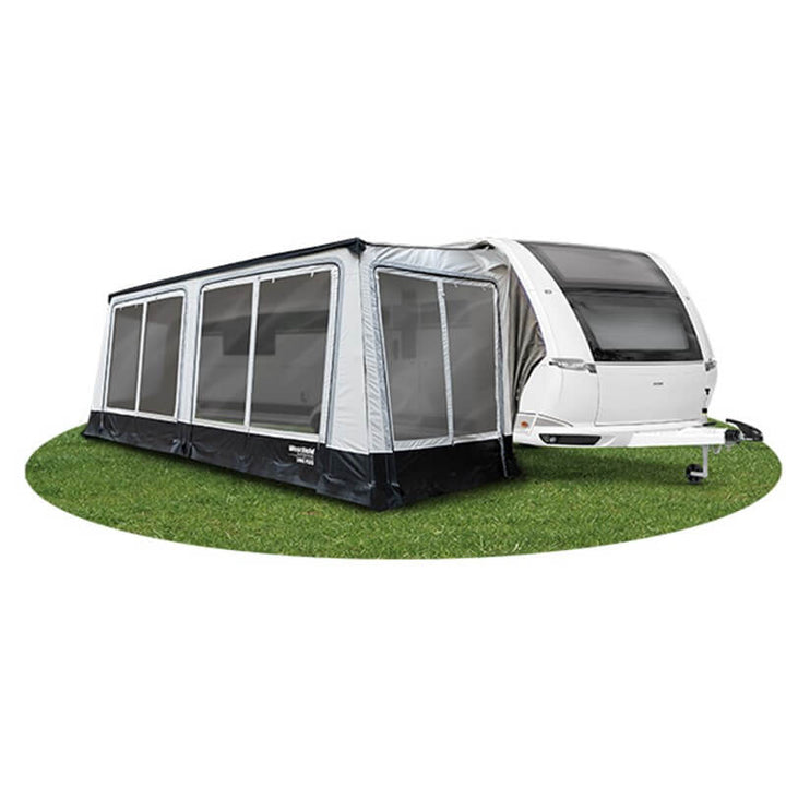 Westfield Luna Plus caravan awning set up on green grass with circular overlay, white background.