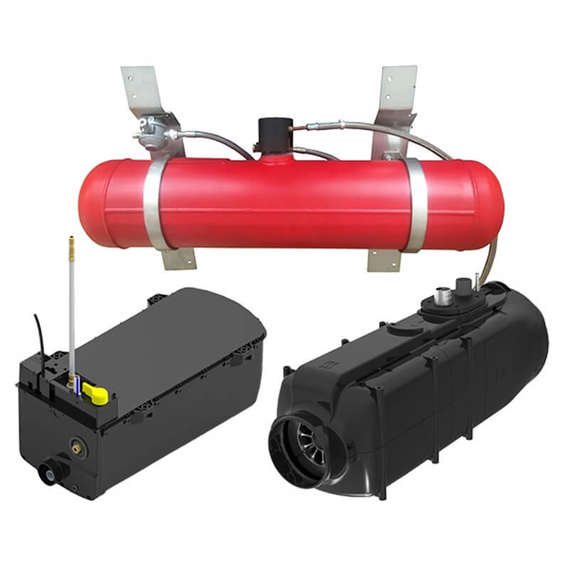 Whale Heating and LPG kit for Ducato, Boxer, and Relay motorhomes, featuring a red gas cylinder, black heater unit, and water pump component, on a white background.