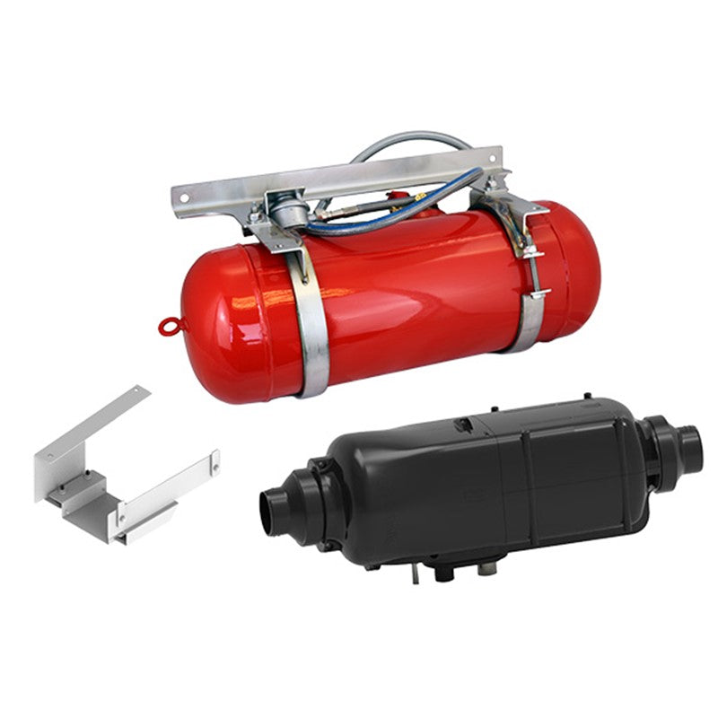 Whale Heating and LPG kit for VW T5/T6 vans, featuring a red underslung gas tank, compact black heater unit, and metal mounting brackets, on a white background.