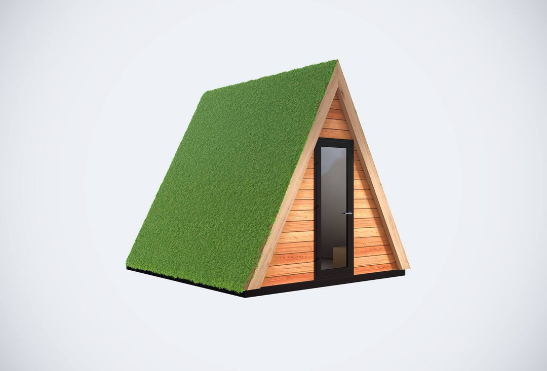 Angled  shot of the A-frame glamping pod showing its green roof and wooden facade on a white background.
