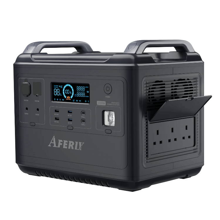 Angled front-side view of the Aferiy 2001A 2000W portable power station showing ports, display, and open AC outlet panel, on a white background.