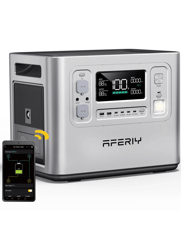 AFERIY P210 silver portable power station with digital display and smartphone app connection feature, shown on a white background.