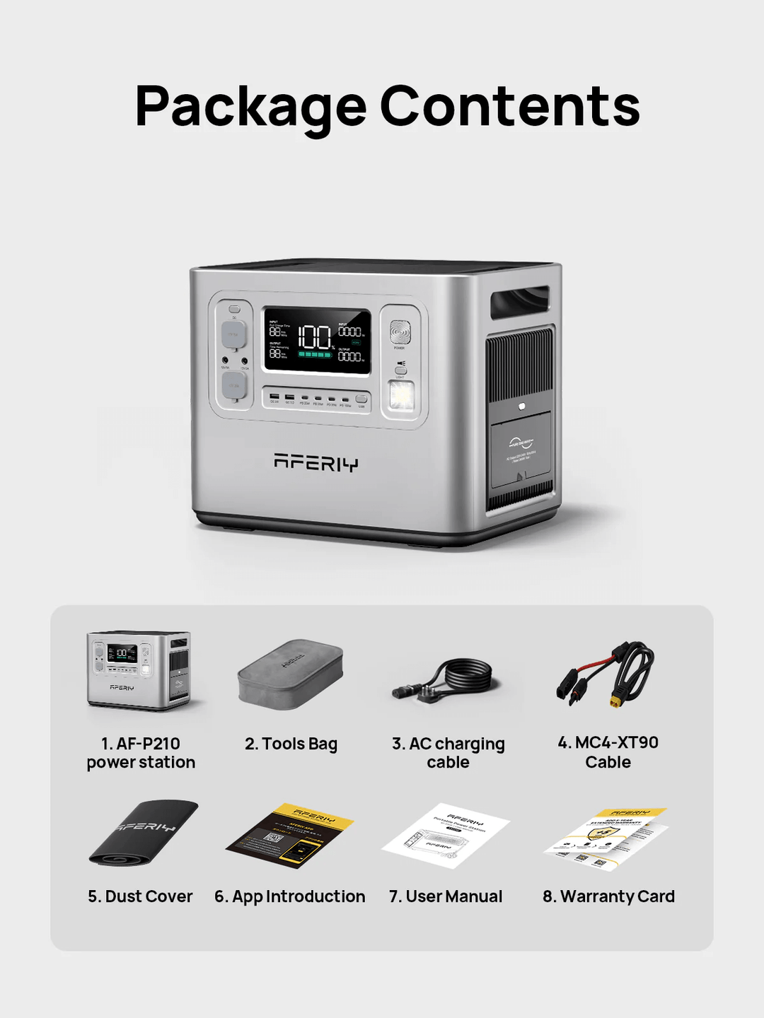 AFERIY P210 power station package contents including main unit, tool bag, AC charging cable, MC4-XT90 cable, dust cover, app introduction, user manual, and warranty card, displayed on a white background.