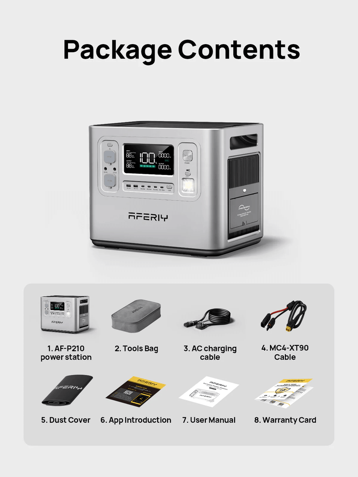 AFERIY P210 power station package contents including main unit, tool bag, AC charging cable, MC4-XT90 cable, dust cover, app introduction, user manual, and warranty card, displayed on a white background.