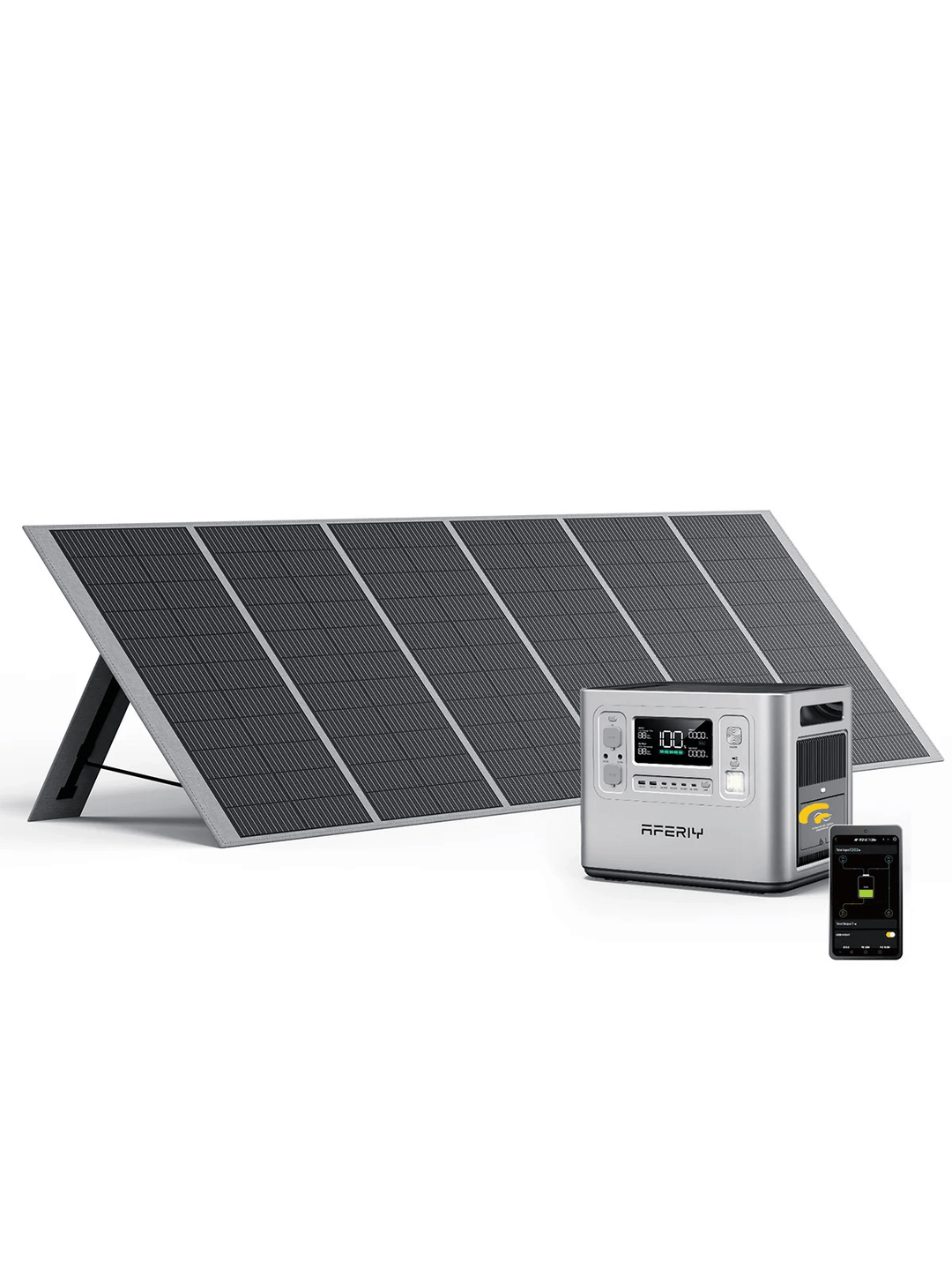 AFERIY P210 portable power station connected to a single solar panel, with smartphone control app interface, shown on a white background.