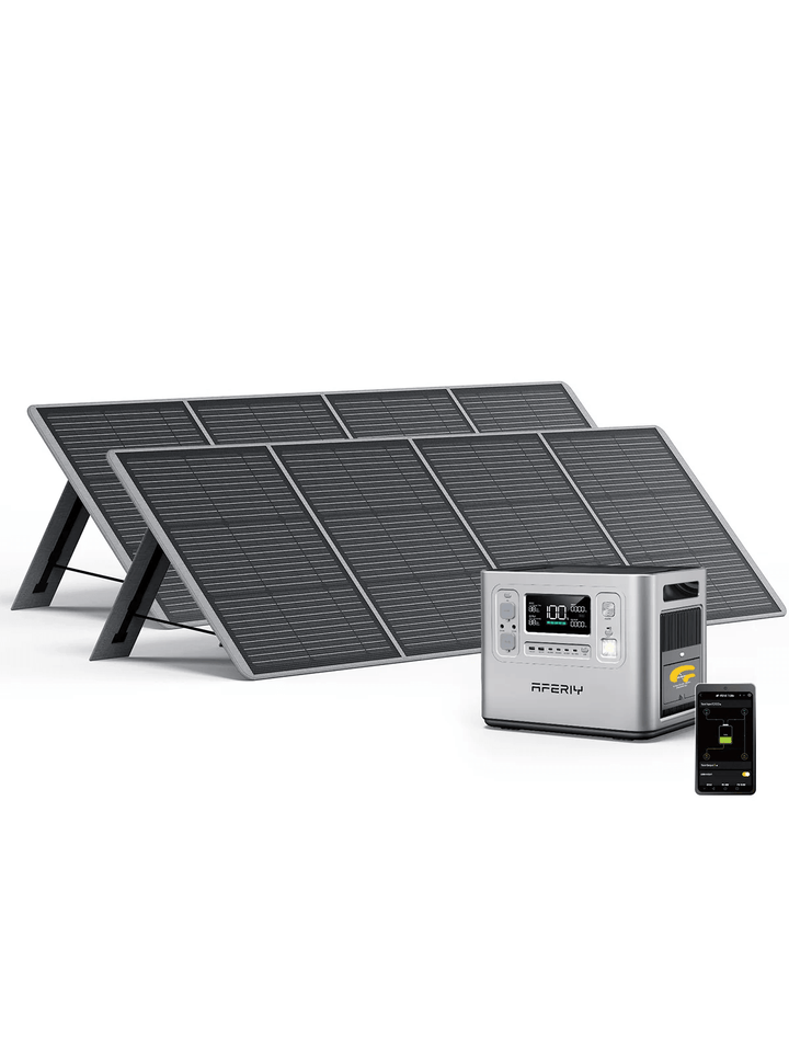 AFERIY P210 portable power station paired with two foldable solar panels and smartphone app interface, displayed on a white background.