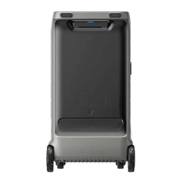 Anker portable power station rear view with black panel and wheels, on a white background.