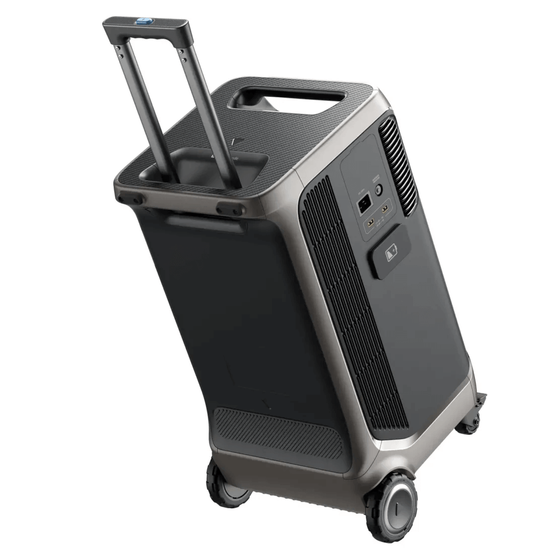 Anker portable power station with suitcase-style handle extended, on a white background.