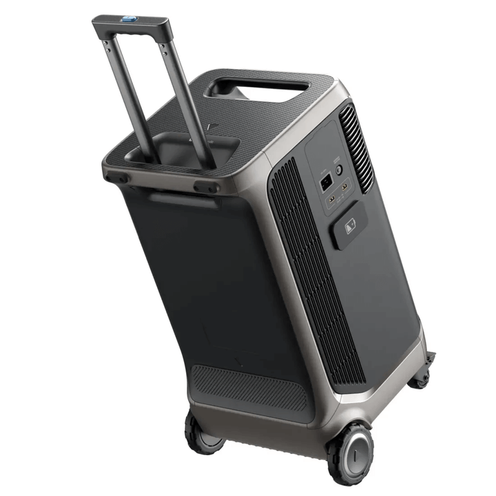 Anker portable power station with suitcase-style handle extended, on a white background.