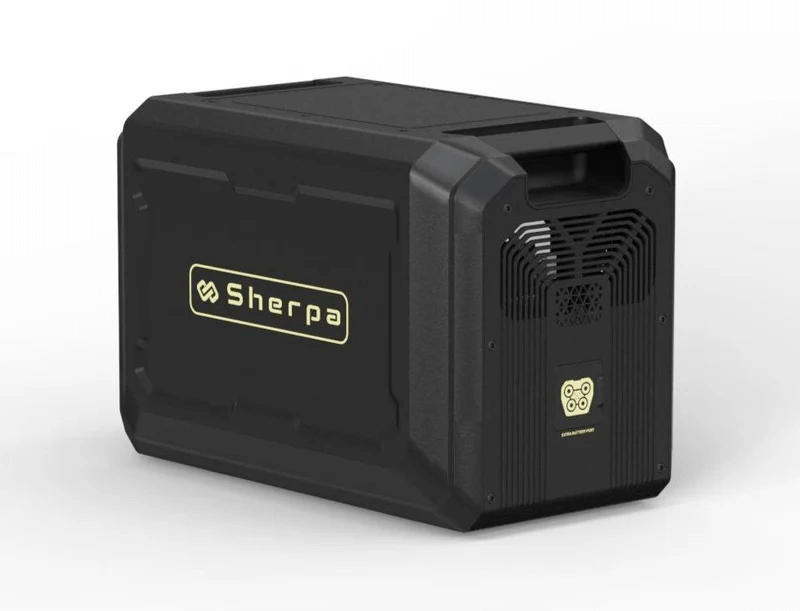 Angled rear side view of Sherpa BASE 2.5 showing logo and extra battery connection port, on white background.