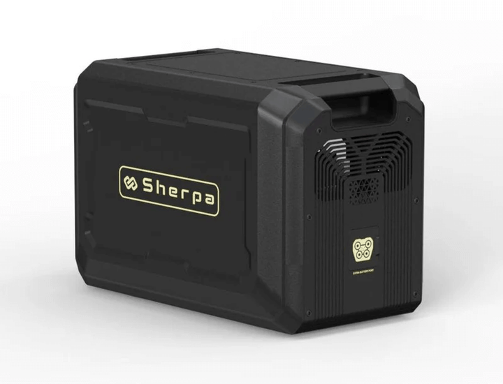 Angled rear side view of Sherpa BASE 2.5 showing logo and extra battery connection port, on white background.