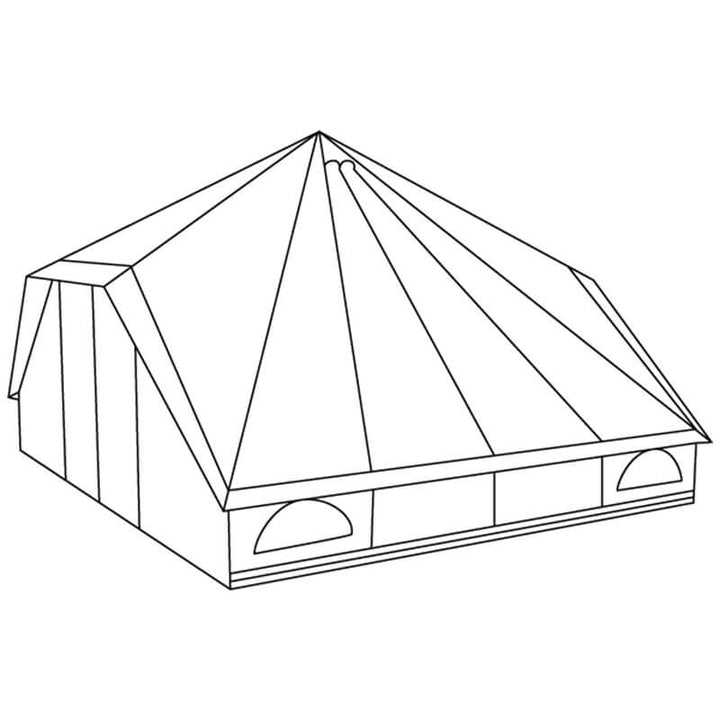 Line drawing illustration of the Quest Leisure Signature Touareg bell tent showing its structure and window layout on a white background.