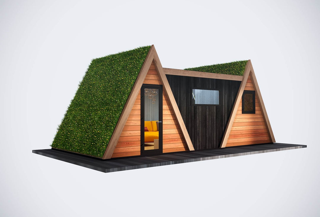 Angled studio shot of dual A-frame glamping unit with living roofs and contrasting wood tones,  on a white backdrop.