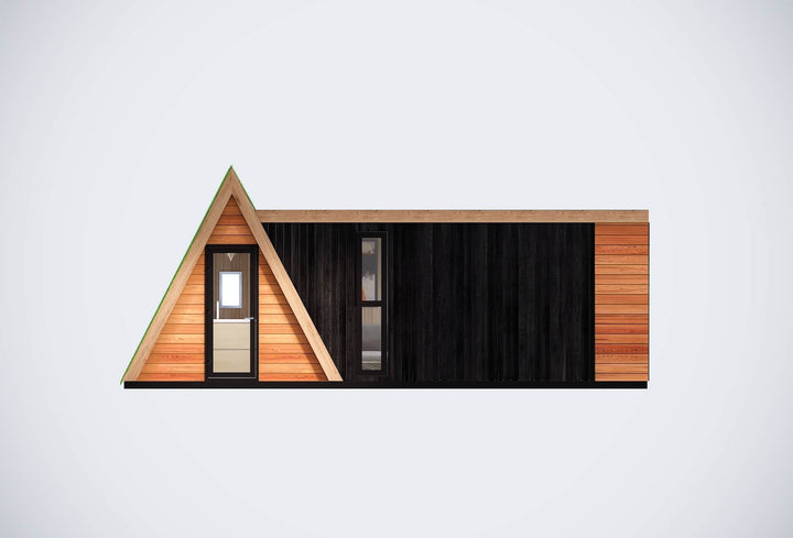 A-frame and rectangular glamping pod combo on a white background, showing clean lines and modern finish.