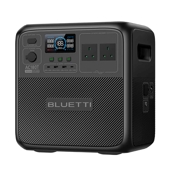 Bluetti AC180T power station right-side angle showing AC outlets and ventilation panel, isolated on a transparent background.