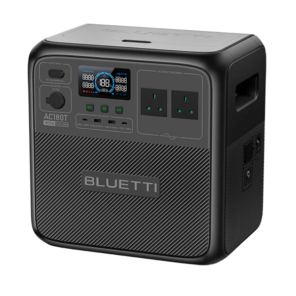 Bluetti AC180T power station shown at a three-quarter angle with display and AC outlets visible, on a transparent background.