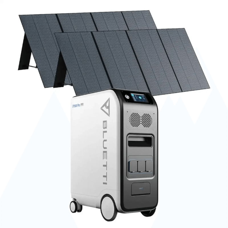 Bluetti EP500Pro with solar panels propped on adjustable stands behind it, on a white background.