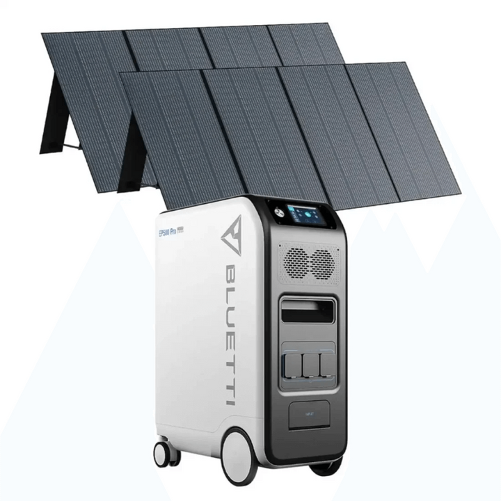 Bluetti EP500Pro with solar panels propped on adjustable stands behind it, on a white background.