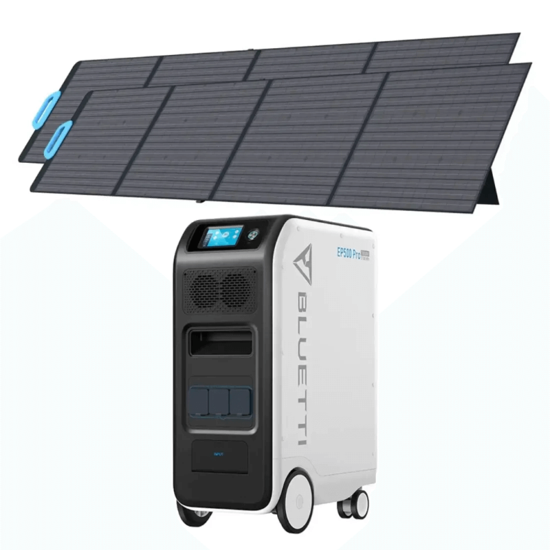Bluetti EP500Pro with four folded solar panels arranged behind it, on a white background.