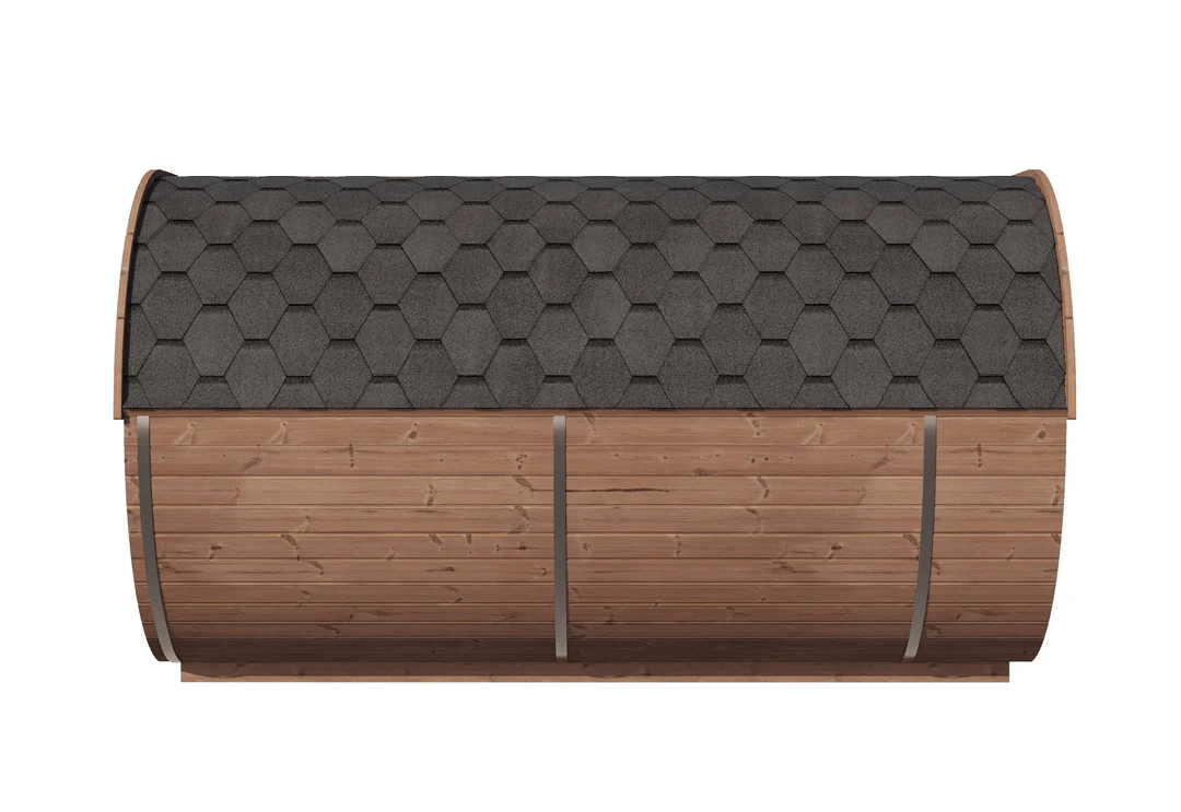 Side view of InMedias Camping Oval 400 with dark roof shingles and wooden exterior, on a white background.