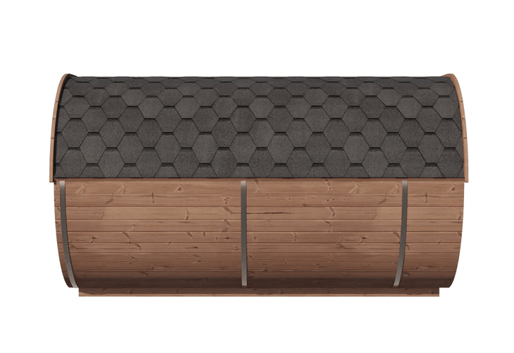 Side view of InMedias Camping Oval 400 with dark roof shingles and wooden exterior, on a white background.