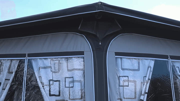 Camptech Duchess 340 porch awning close-up showing roof detail and stitching, designed for durability and easy setup on caravans.