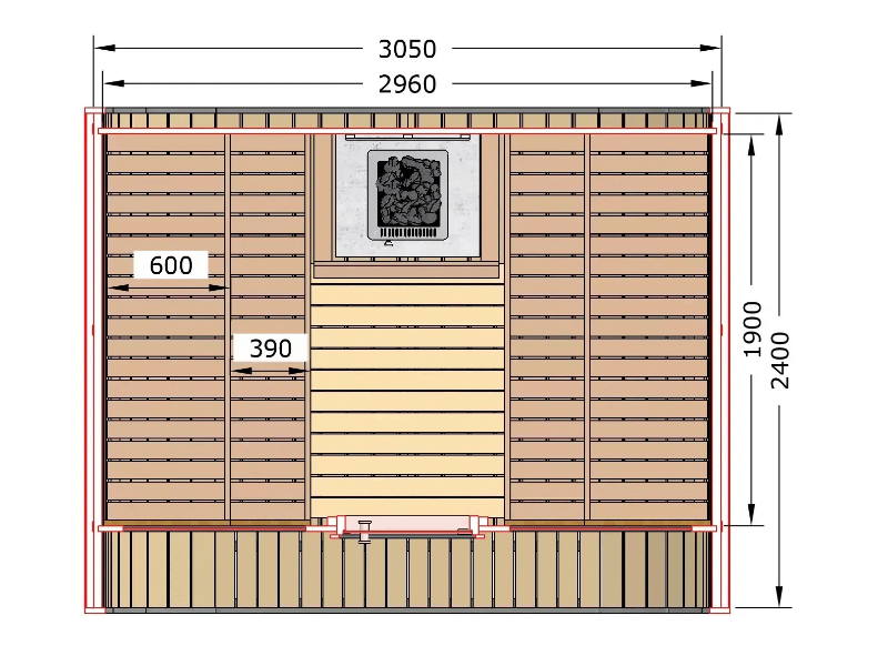 Top-down floor plan of the InMedias Cubus Premium Outdoor Sauna with precise measurements of benches, door, and heater location ,on a white background.