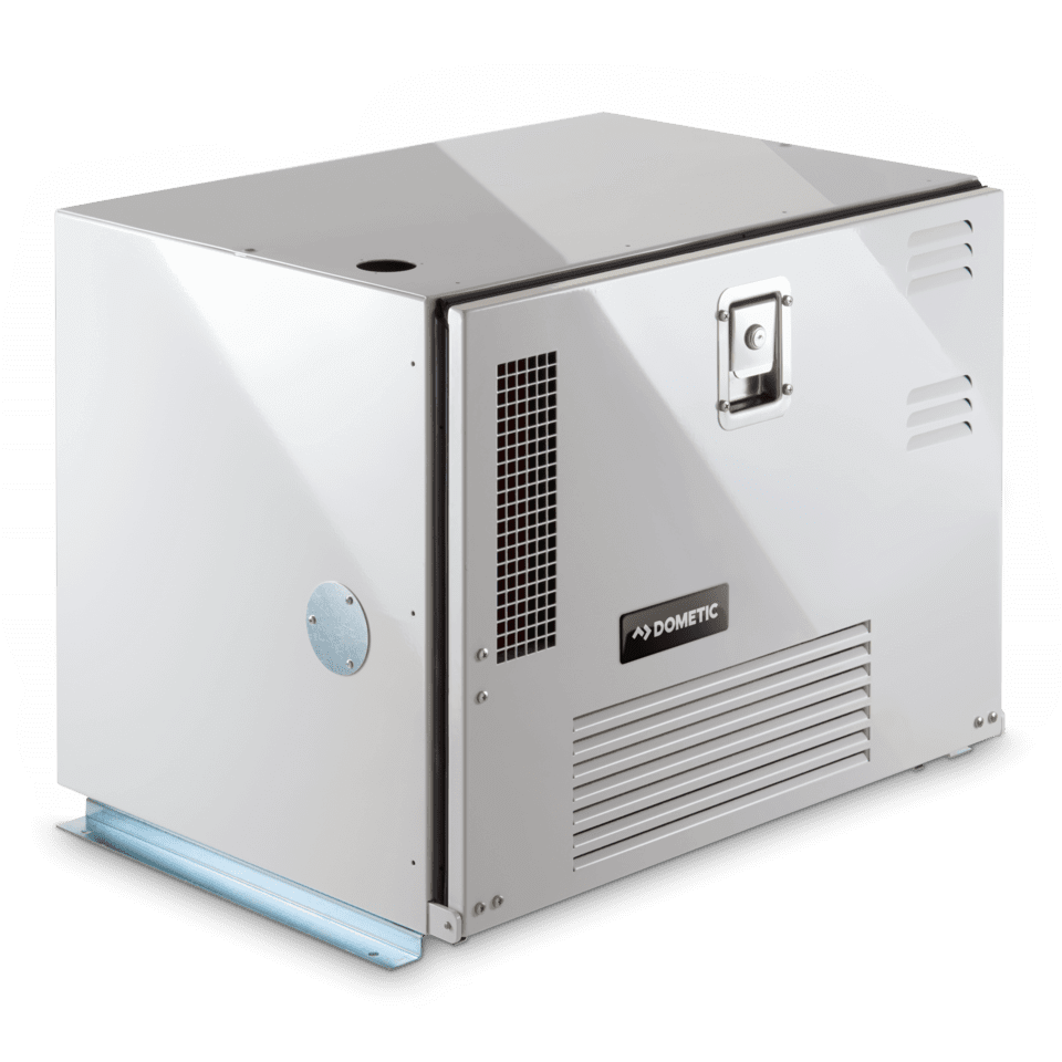 Angled side view of the Dometic T5500 petrol generator with a sleek, metallic silver housing. The unit features a ventilation grille, handle latch, air vents, and a visible Dometic logo on the front panel. , in a transparent background providing a clean contrast that highlights the reflective surface and design details of the generator.