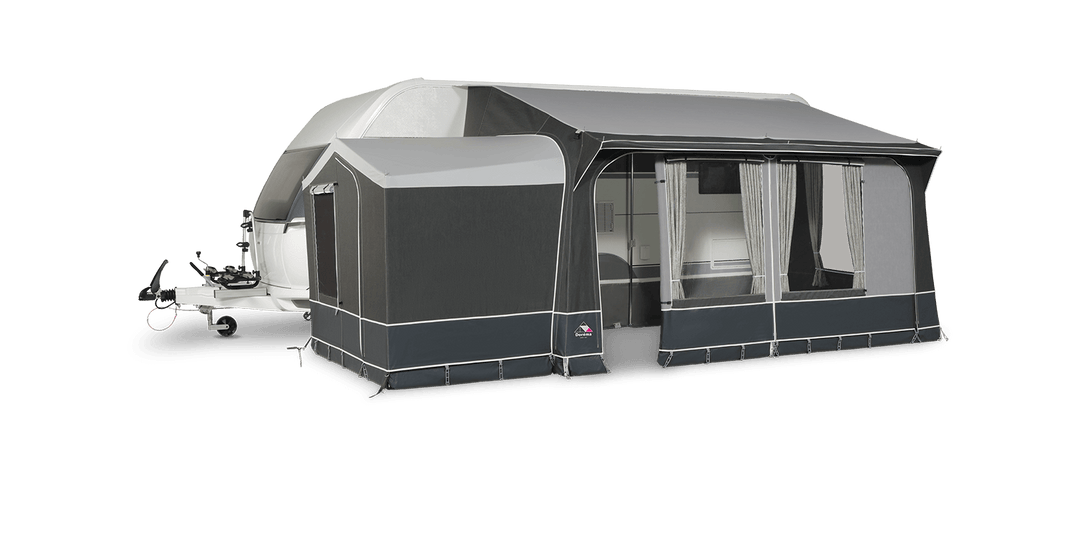 Dorema Quartz 400 De Luxe caravan porch awning in grey and white design with window panels and curtains on a transparent background.