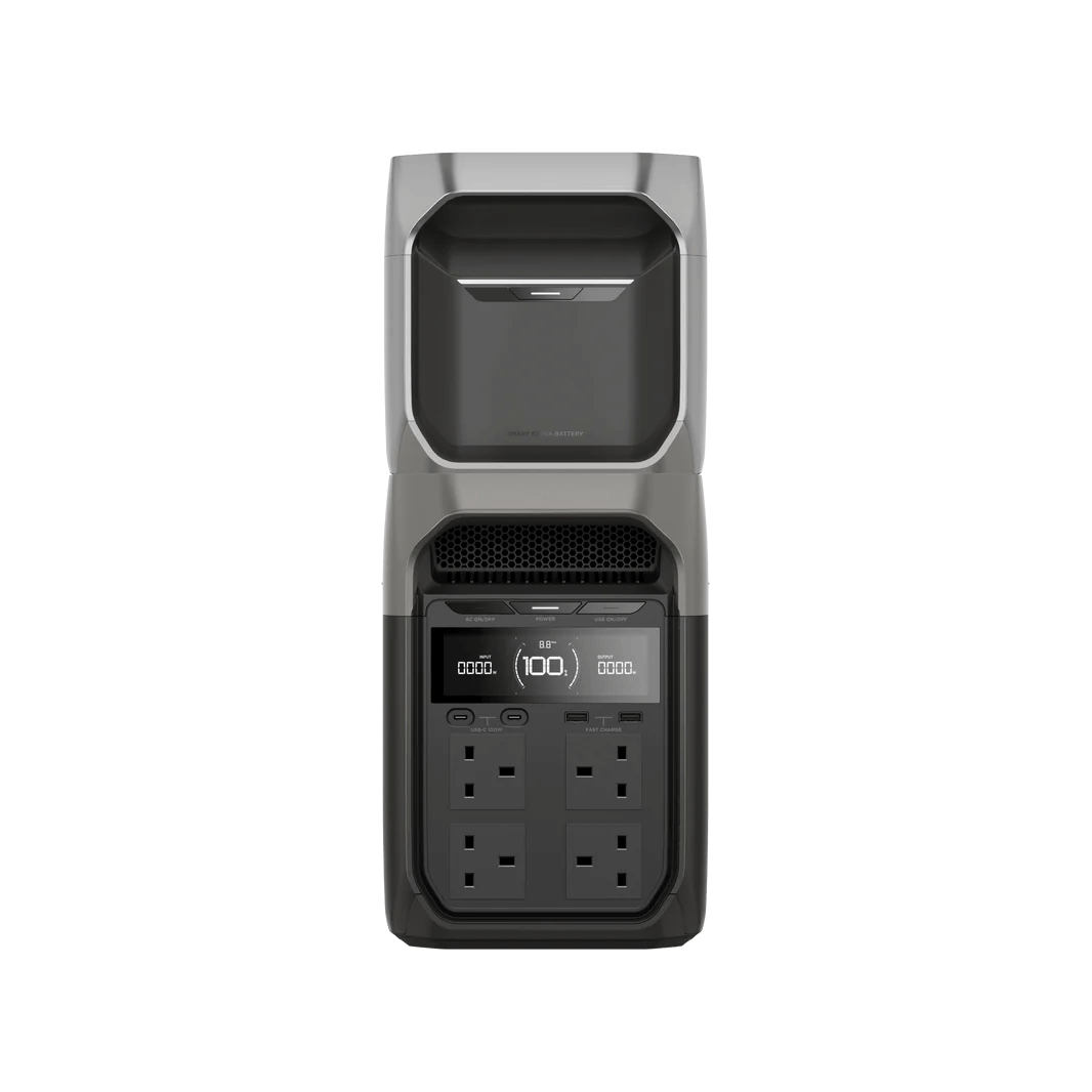 Front view of the EcoFlow DELTA 3 Series Portable Power Station stacked with a Smart Extra Battery, showing four AC outlets, USB ports, and a digital display reading 100%,, with a transparent background.