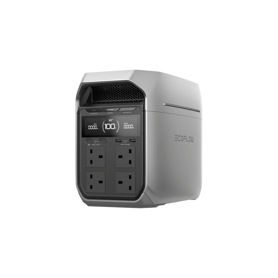 Side-angled view of the EcoFlow DELTA 3 Series power station, displaying four AC outlets, USB ports, and digital readout, on a transparent background.
