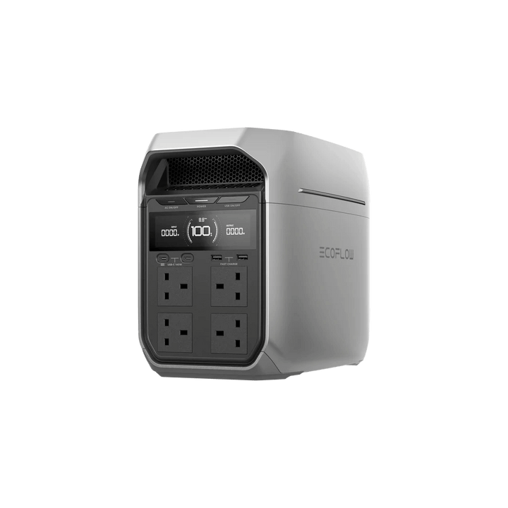 Side-angled view of the EcoFlow DELTA 3 Series power station, displaying four AC outlets, USB ports, and digital readout, on a transparent background.