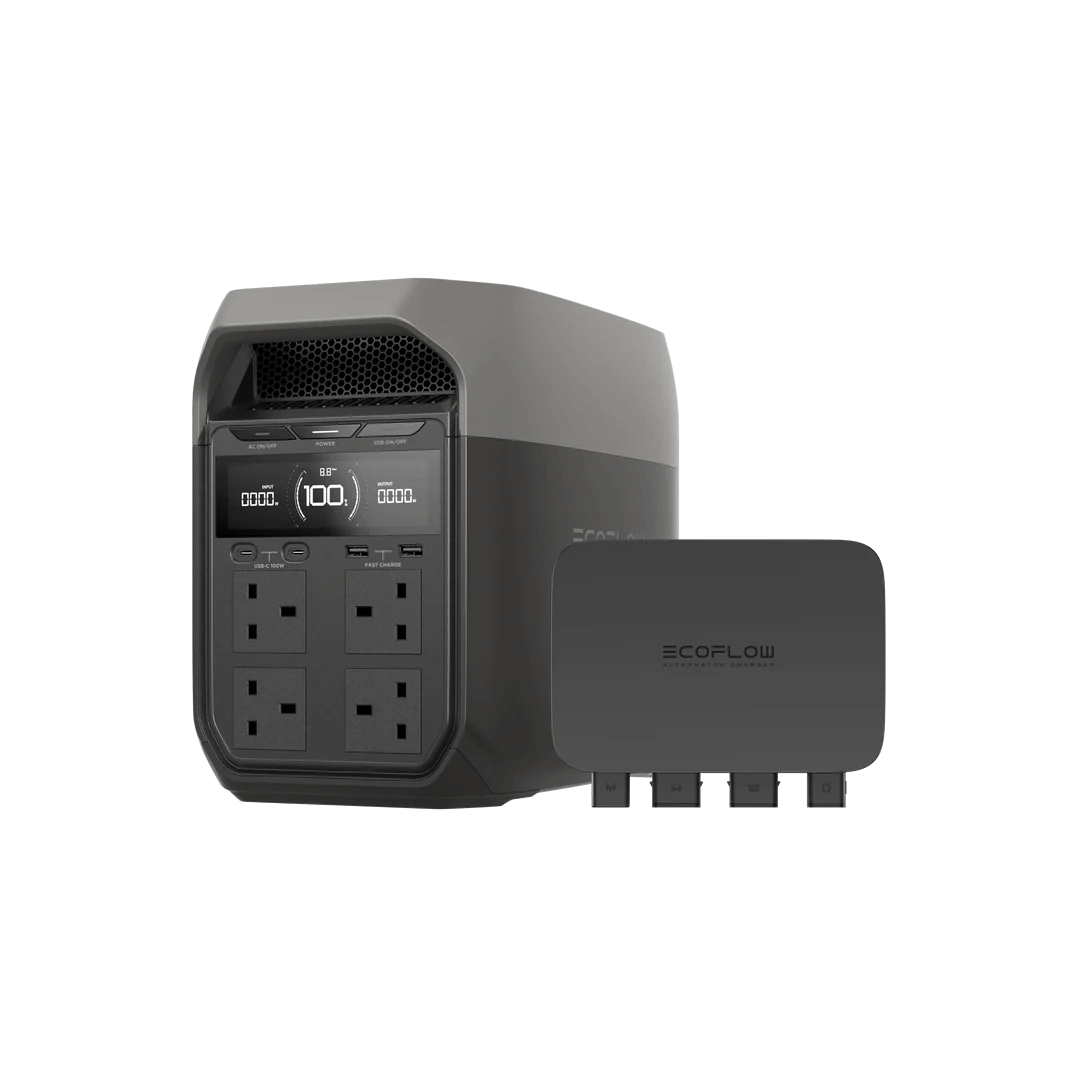 Dark variant of the EcoFlow DELTA 3 Series with its automatic transfer switch accessory beside it, shown at an angle to highlight its front panel and sleek design, with a transparent background.