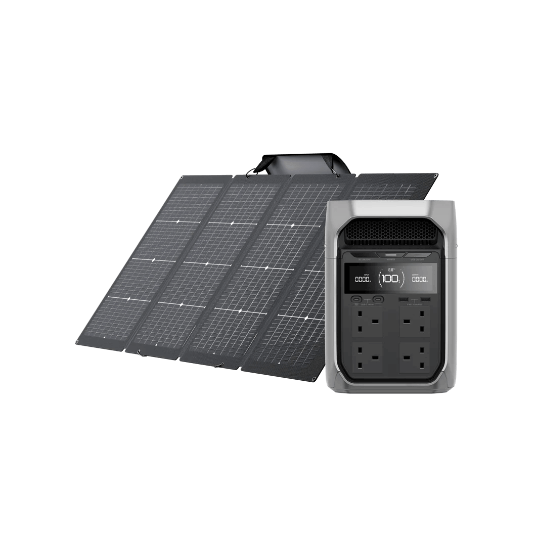 EcoFlow DELTA 3 Series portable power station shown alongside a foldable solar panel array, illustrating renewable energy integration, isolated on a transparent background.