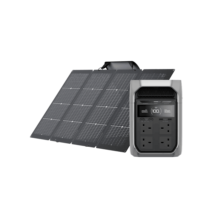 EcoFlow DELTA 3 Series portable power station shown alongside a foldable solar panel array, illustrating renewable energy integration, isolated on a transparent background.