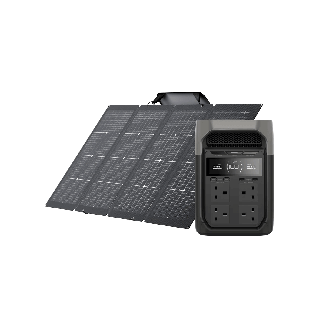 Dark variant of the EcoFlow DELTA 3 Series shown next to a full solar panel setup, emphasizing solar charging capability, with transparent background.