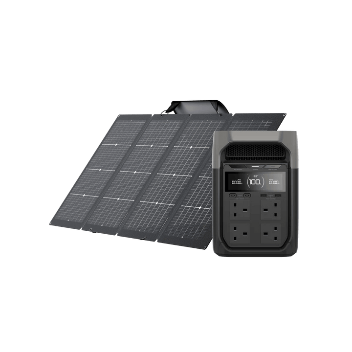 Dark variant of the EcoFlow DELTA 3 Series shown next to a full solar panel setup, emphasizing solar charging capability, with transparent background.
