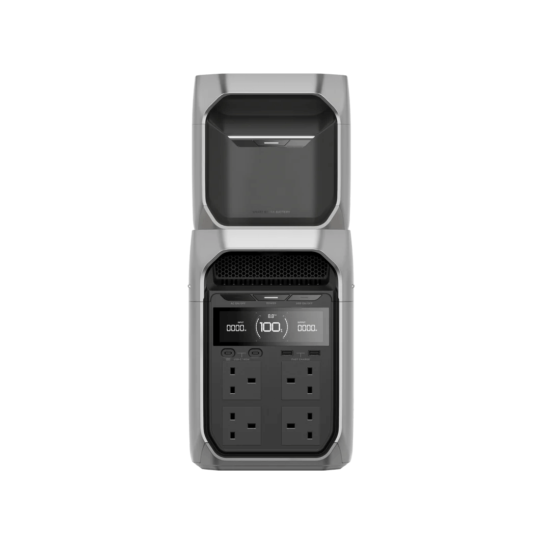 Front view of the EcoFlow DELTA 3 Series with a Smart Extra Battery stacked on top, showing the complete power interface and full charge display, on a transparent background.