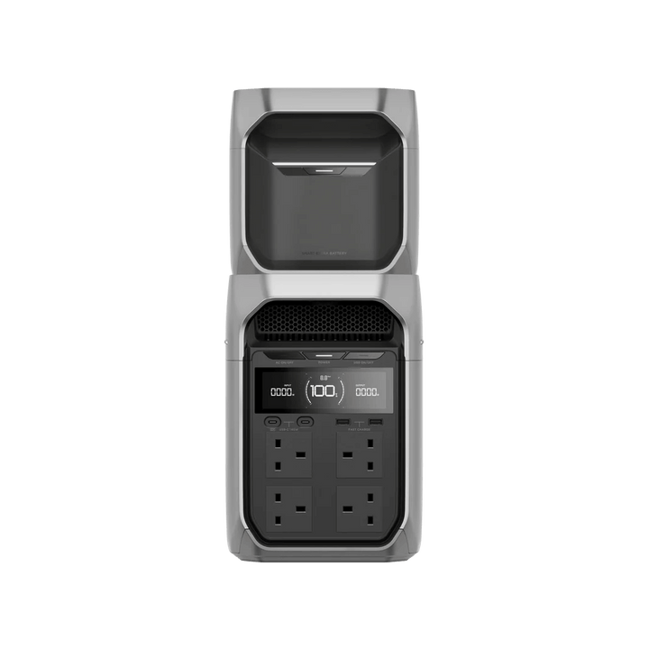 Front view of the EcoFlow DELTA 3 Series with a Smart Extra Battery stacked on top, showing the complete power interface and full charge display, on a transparent background.