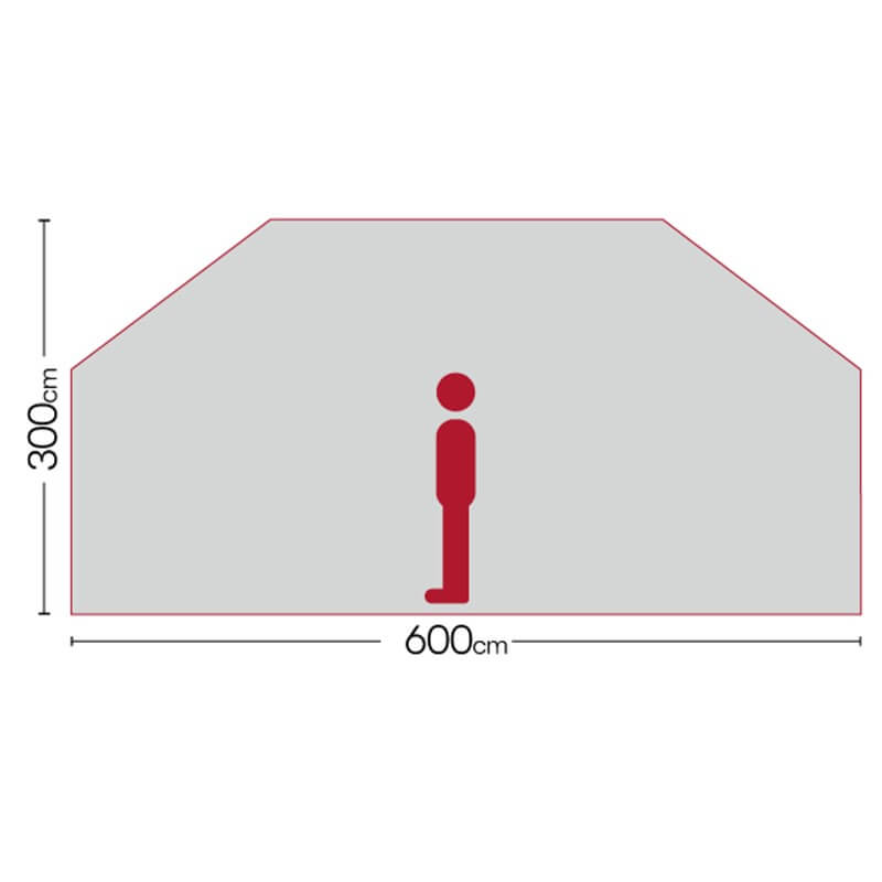 Tent height and width diagram showing 600cm by 300cm interior space with a person illustration on a white background.