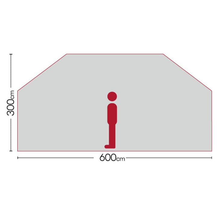Tent height and width diagram showing 600cm by 300cm interior space with a person illustration on a white background.